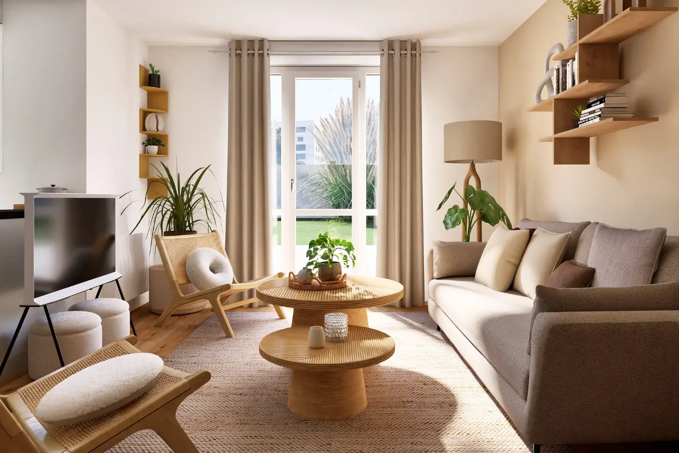 télé sur pied dans un salon moderne